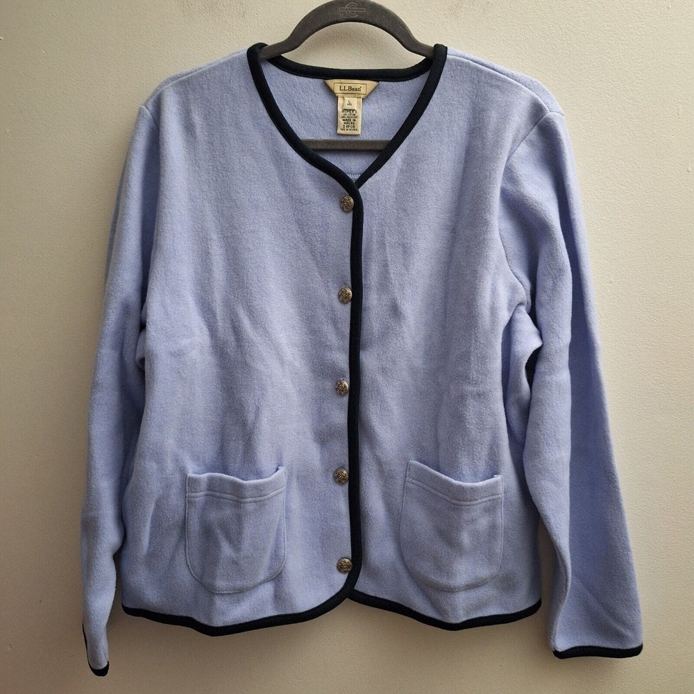 LL Bean Fleece Short Cardigan Womens Large Blue Silver Buttons Pockets Sweater